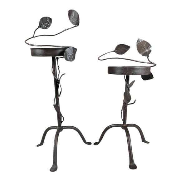 Pair of Wrought Iron Leaf & Vine Plant Stands – Black Metal Garden Decor Used - Picture 4 of 5